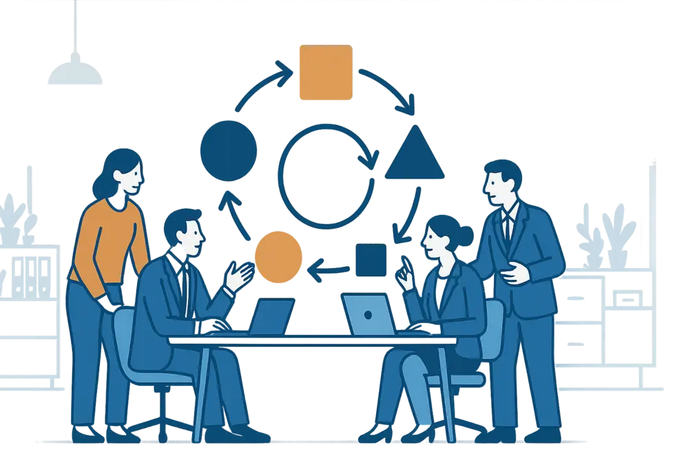 Business managers engaged in a problem-solving meeting in an office.