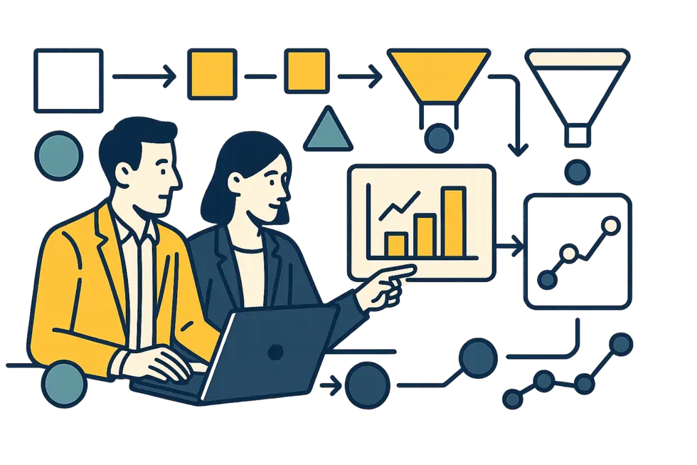 Nhóm quản lý doanh nghiệp đang phân tích dữ liệu kinh doanh.