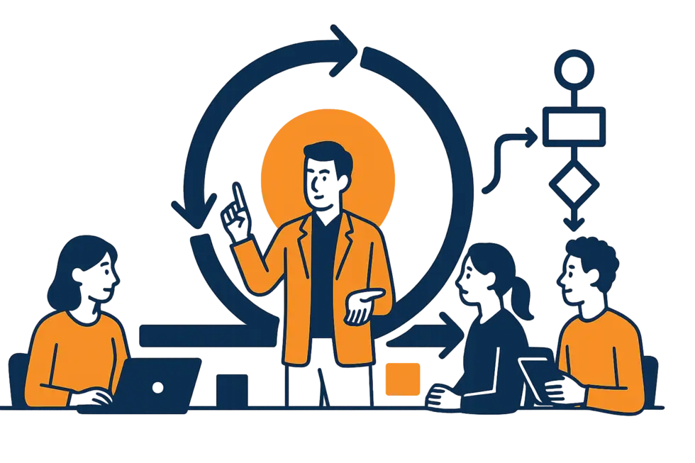 Hình ảnh người lãnh đạo đang hướng dẫn nhóm theo phương pháp linh hoạt trong môi trường chuyên nghiệp.