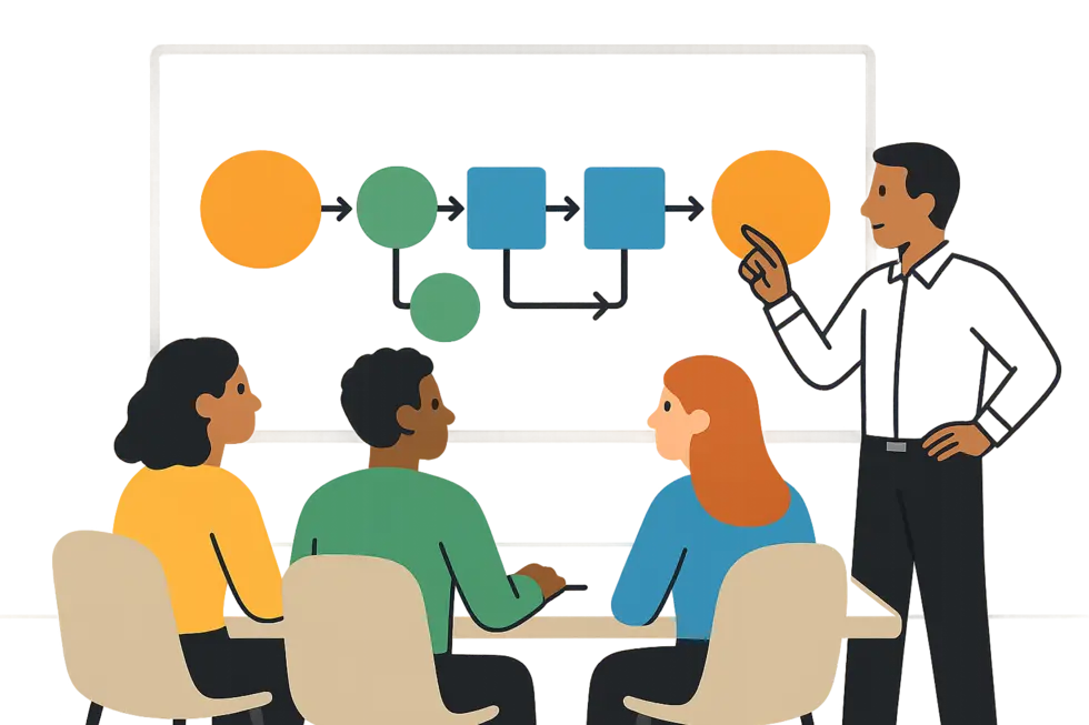 Quản lý và nhân viên trao đổi trong không gian làm việc cởi mở.