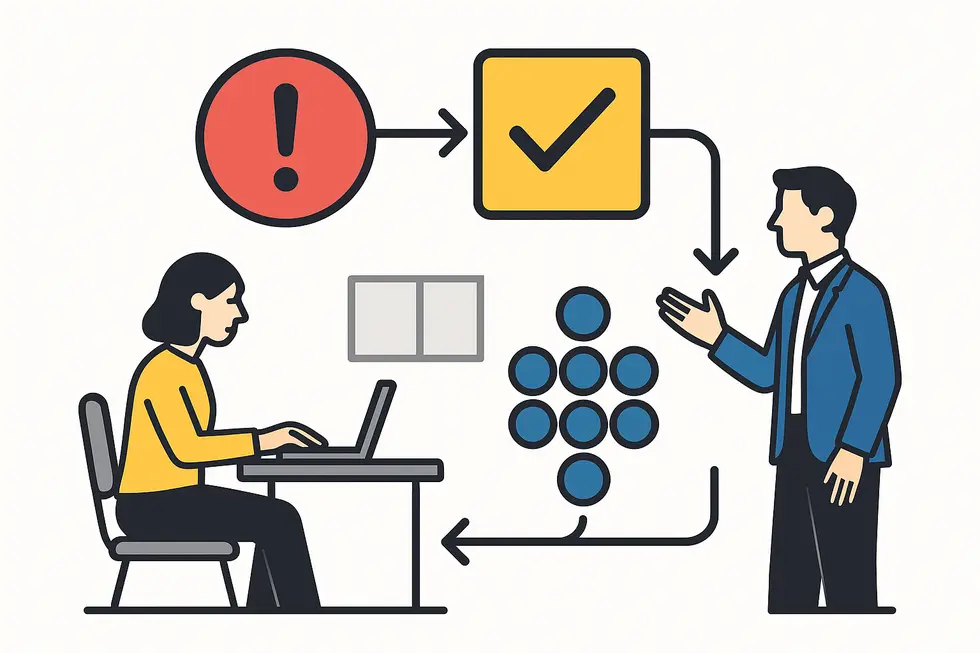 Quản lý và nhân viên trao đổi trong không gian làm việc cởi mở.