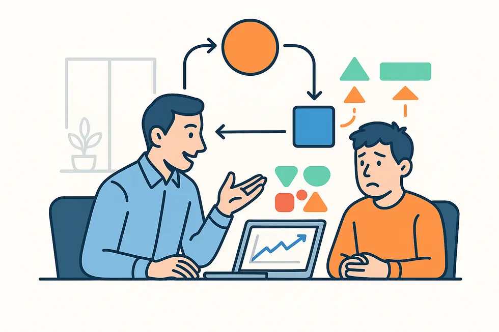 Quản lý và nhân viên trao đổi trong không gian làm việc cởi mở.