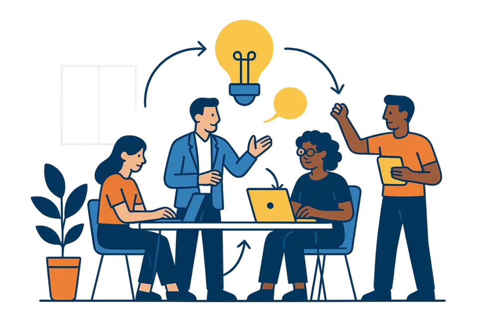 Văn phòng hiện đại với nhóm nhân viên đa dạng.