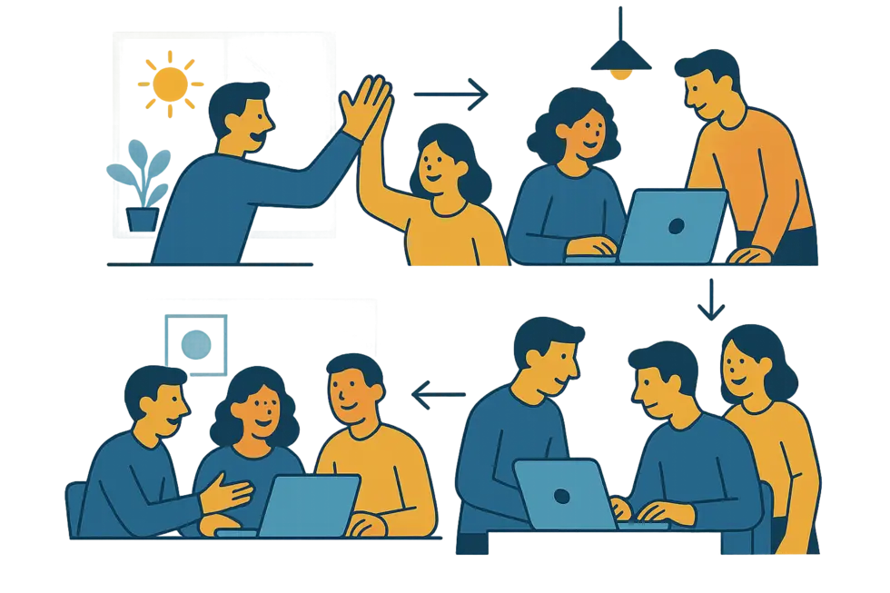 Một nhóm nhân viên mới đang làm việc cùng nhau trong văn phòng hiện đại.