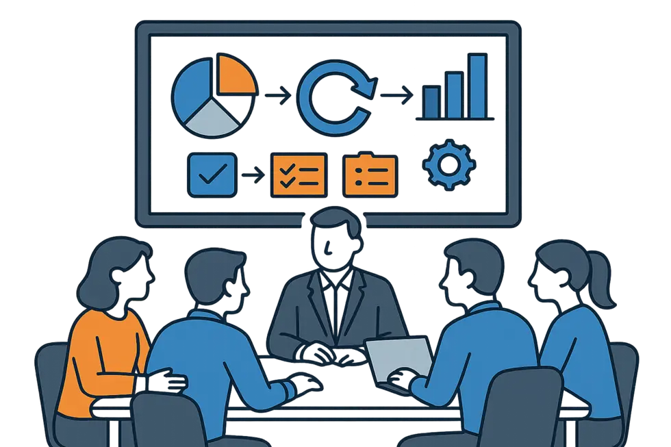 Nhóm quản lý họp mặt với màn hình lớn trình bày biểu đồ và công cụ hỗ trợ.