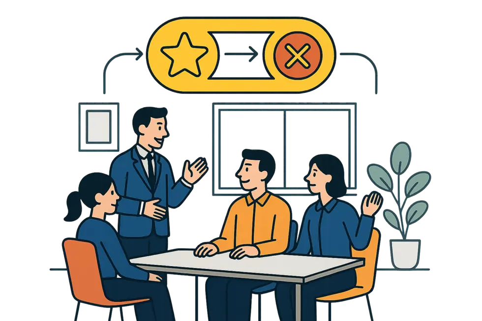 Nhà quản lý và nhân viên trao đổi trong không gian làm việc mở.